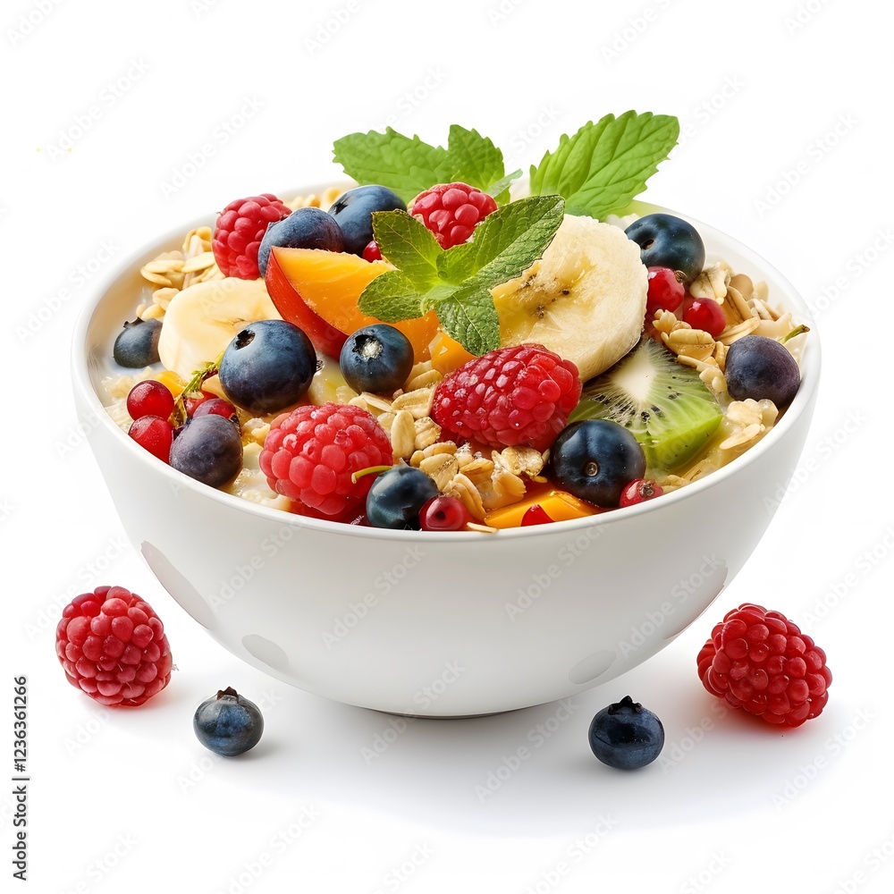 Fresh Fruit and Oatmeal Bowl with Berries and Mint Garnish Fresh Fruit and Oatmeal Bowl with Berries and Mint Garnish