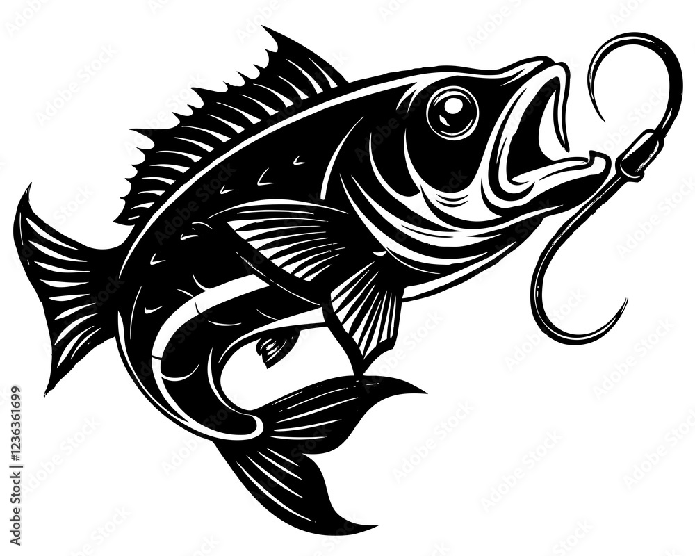 Aggressive Bass Fish Illustration with Open Mouth and Sharp Teeth in Bold Black and White Vector Art Style Aggressive Bass Fish Illustration with Open Mouth and Sharp Teeth in Bold Black and White Vector Art Style