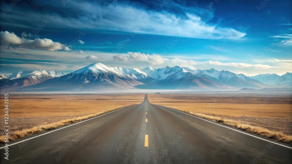 Asphalt road disappearing into the horizon, flanked by a vast, flat, dry plain and capped by a majestic snow-covered mountain range under a vibrant blue sky. Asphalt road disappearing into the horizon, flanked by a vast, flat, dry plain and capped by a majestic snow-covered mountain range under a vibrant blue sky.