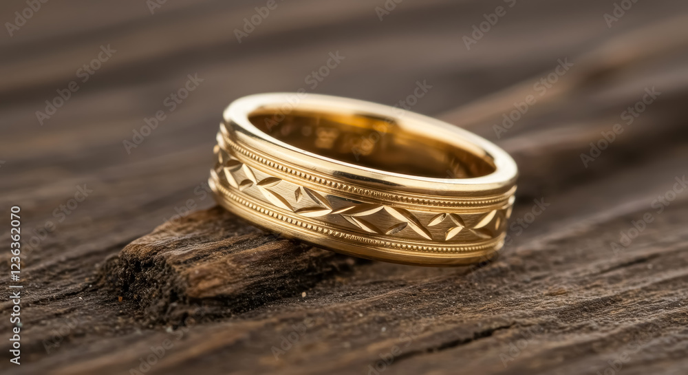 A close-up of a classic gold wedding band with intricate engraved detailing along the edges A close-up of a classic gold wedding band with intricate engraved detailing along the edges