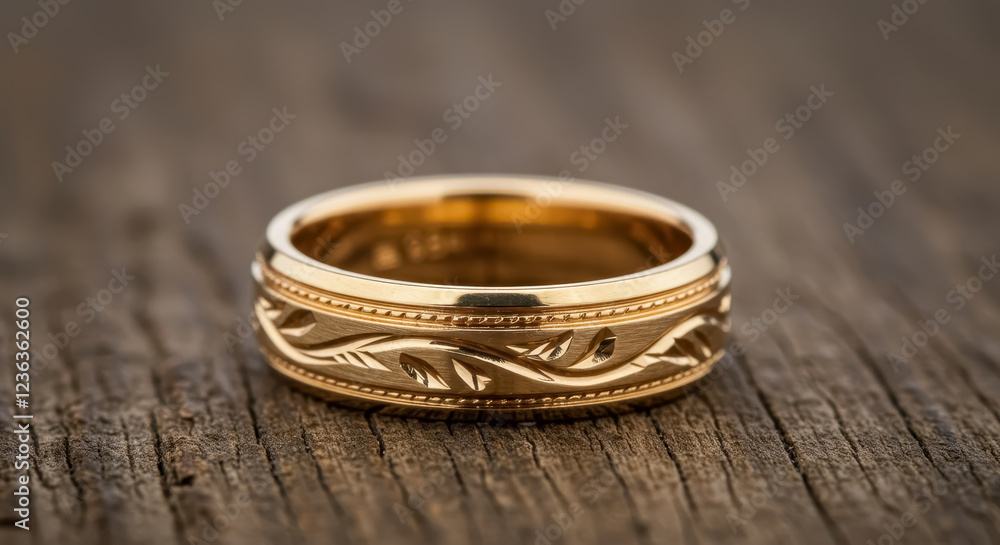 A close-up of a classic gold wedding band with intricate engraved detailing along the edges A close-up of a classic gold wedding band with intricate engraved detailing along the edges