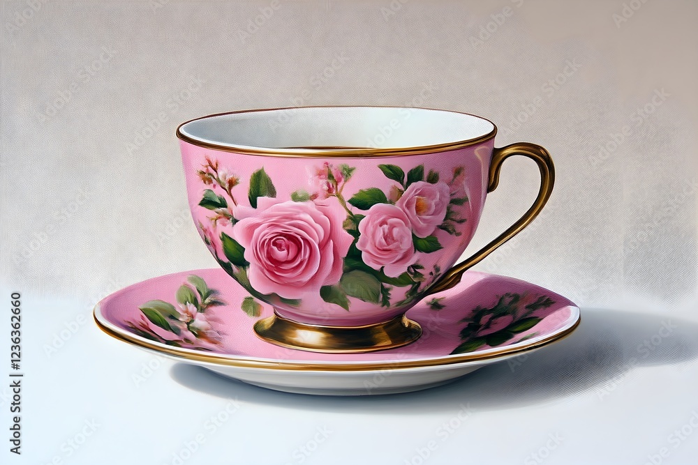 Elegant pink teacup and saucer, adorned with delicate roses, sits on a textured surface. Elegant pink teacup and saucer, adorned with delicate roses, sits on a textured surface.