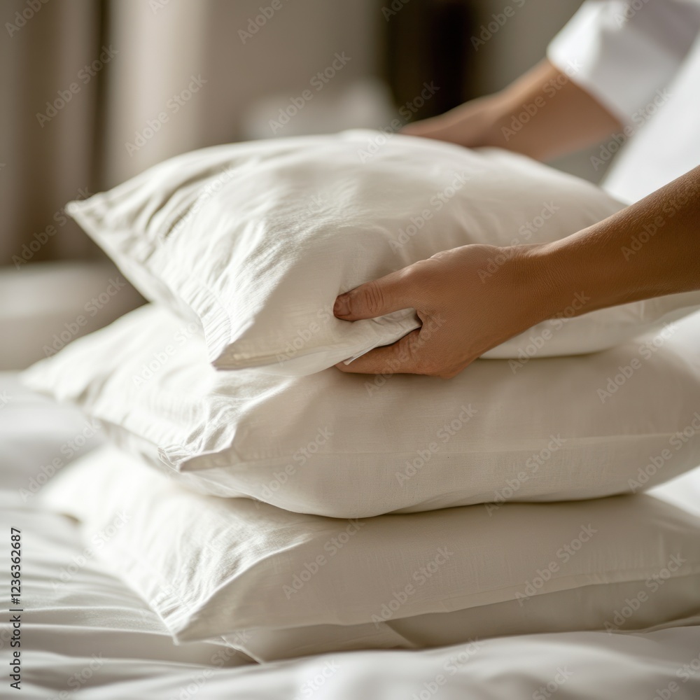 Soft White Pillows Stacked Elegantly with a Delicate Hand Placement Soft White Pillows Stacked Elegantly with a Delicate Hand Placement