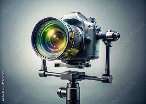 Modern DSLR Camera on 3-Axis Gimbal Stabilizer - Double Exposure Photography Stock Photo photo