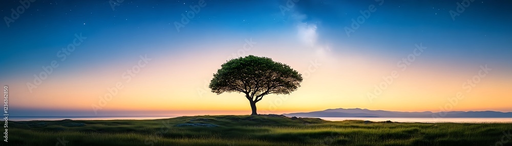 Fototapeta premium Serene Sunset: Lone Tree Silhouetted Against a Starry Sky