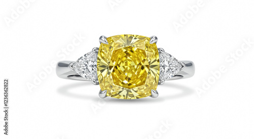 A luxurious silver ring with a vibrant cushion-cut yellow diamond at the center photo