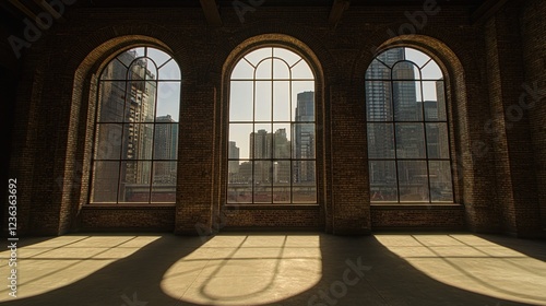 Industrial building  arched windows  city view  sunlight  interior design