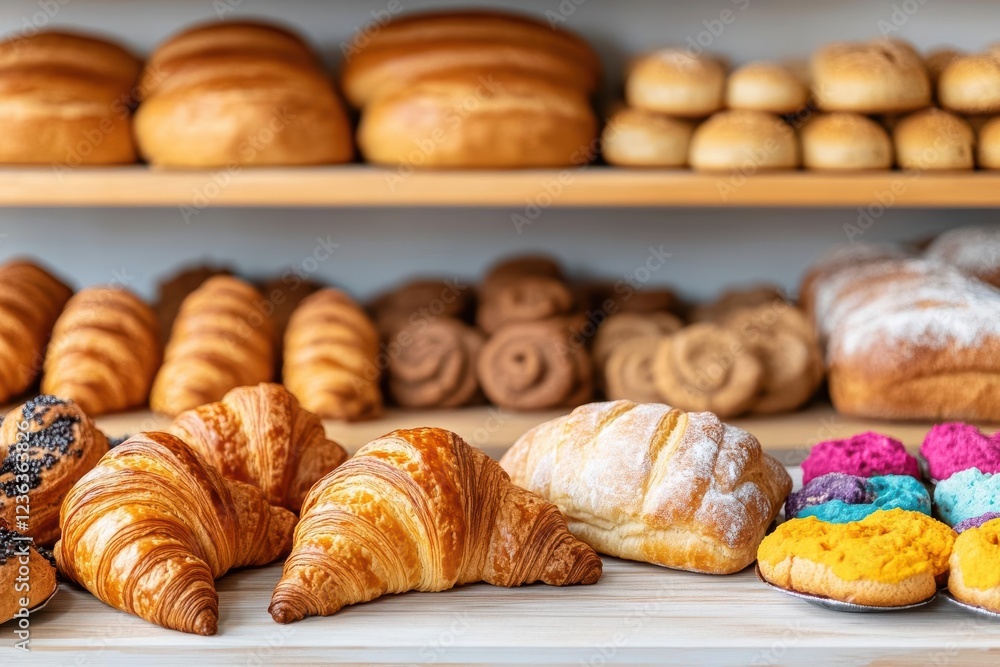 A Colorful Array of Freshly Baked Pastries Displayed in a Charming Bakery Setting Inviting Customers with Irresistible Aromas and Tempting Treats A Colorful Array of Freshly Baked Pastries Displayed in a Charming Bakery Setting Inviting Customers with Irresistible Aromas and Tempting Treats