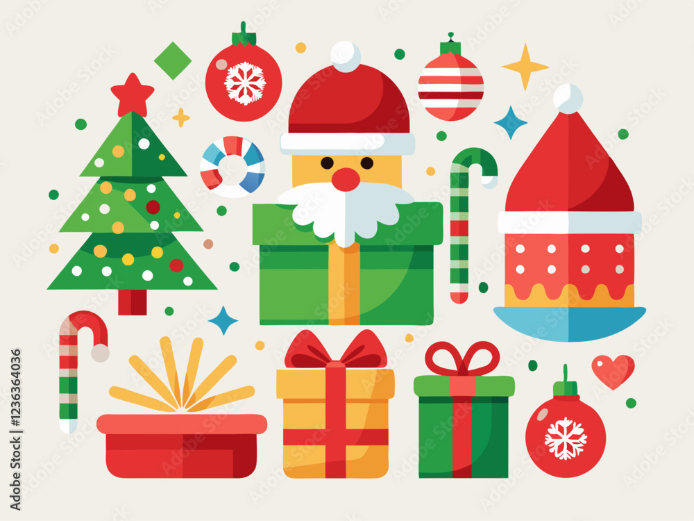 Colorful Christmas Icons with Holiday Elements in Flat Design and Cheerful Holiday Mood Colorful Christmas Icons with Holiday Elements in Flat Design and Cheerful Holiday Mood