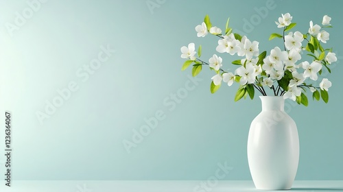 Wallpaper Mural Elegant white vase with delicate, blossoming branches of white flowers against a serene teal backdrop. Torontodigital.ca