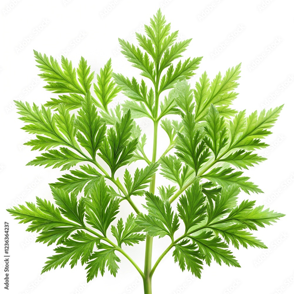 sweet Annie leaves (Artemisia annua) isolated on a pure white background. Highlight the feathery, bright green leaves with visible veins and a slight sheen. sweet Annie leaves (Artemisia annua) isolated on a pure white background. Highlight the feathery, bright green leaves with visible veins and a slight sheen.
