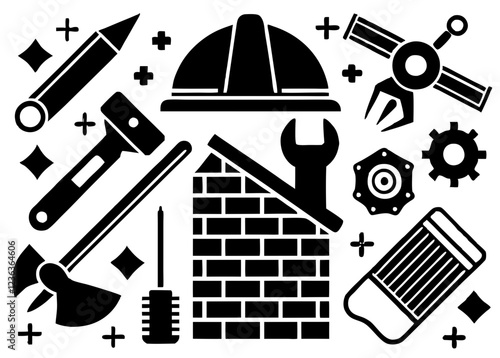 Black and White Construction Site Icons with Tools, Hard Hat, and Building Materials in Minimalist Design