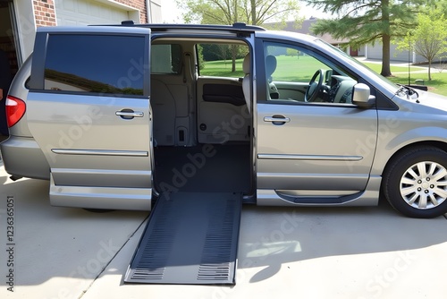 Silver minivan with wheelchair accessible ramp