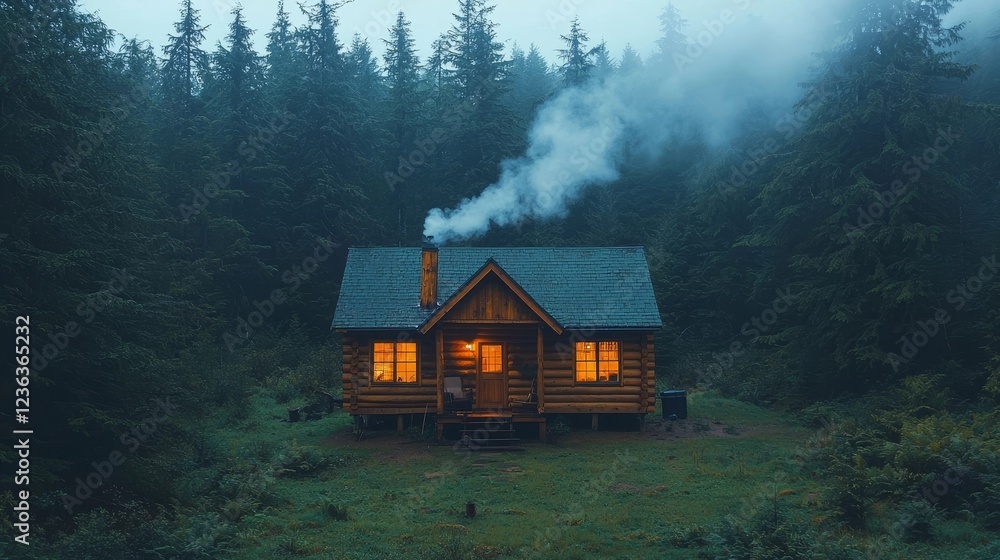 Cozy Cabin Nestled in the Misty Woods at Dusk with Warm Glow and Whimsical Smoke Patterns Cozy Cabin Nestled in the Misty Woods at Dusk with Warm Glow and Whimsical Smoke Patterns