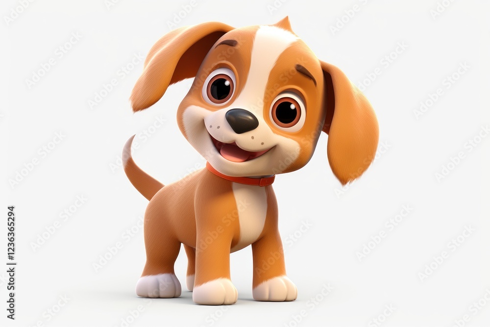 Naklejka premium Adorable cartoon puppy with a bright orange collar standing and beaming with happiness, exuding a heartwarming aura of innocence and love