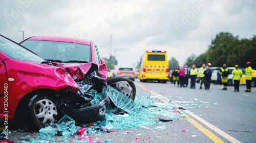 Dramatic Scene of a Damaged Vehicle on M6 Highway After Collision with Debris Scattered Around Evoking a Sense of Urgency and Concern for Safety photo