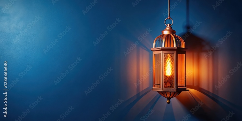Obraz premium Illuminated Hanging Lantern Against a Deep Blue Wall, Casting a Warm Glow