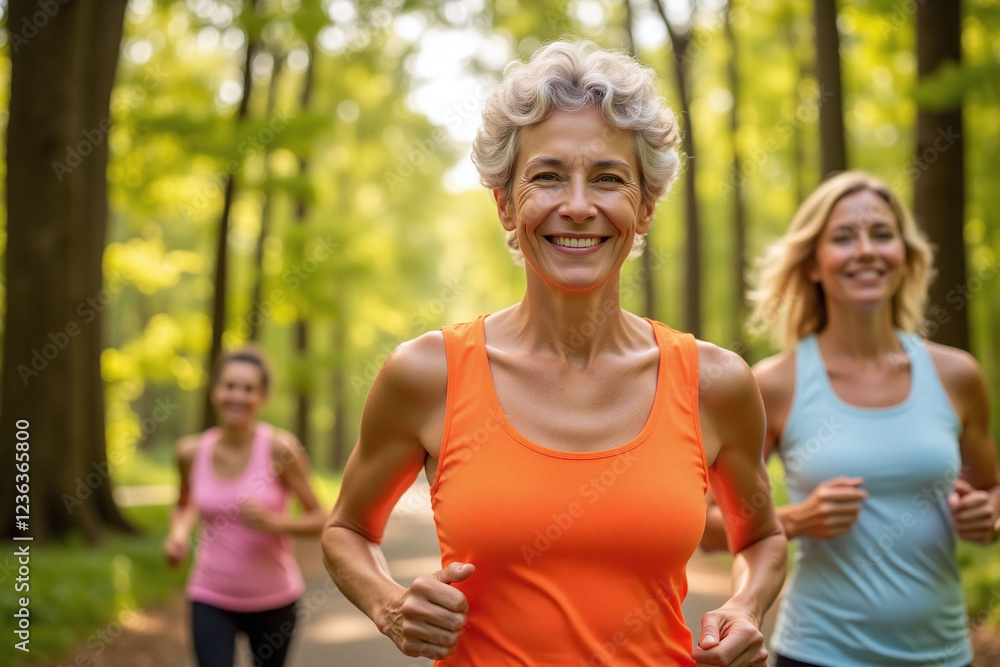 Fototapeta premium three, women, running, forest, older, woman, orange, tank, top