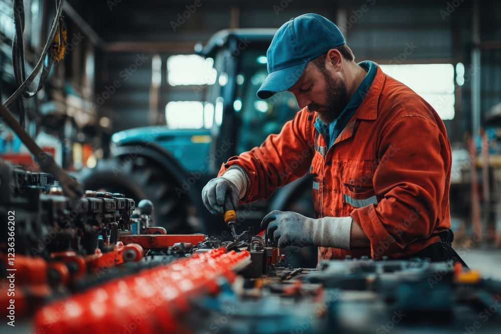 Focused Worker Operating Industrial Machine in Busy Factory Environment Highlighting Precision Craftsmanship and Commitment to Quality Production Process Focused Worker Operating Industrial Machine in Busy Factory Environment Highlighting Precision Craftsmanship and Commitment to Quality Production Process