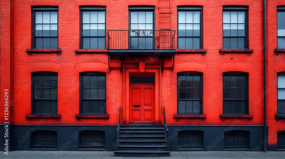 A red brick building with a red door and black steps A red brick building with a red door and black steps