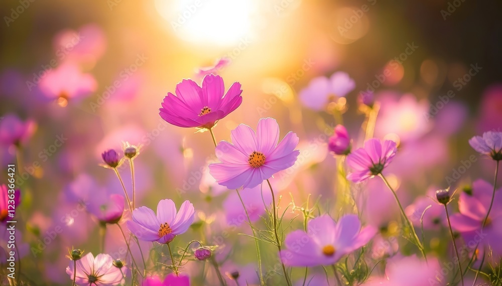 Dreamy Wildflower Meadow, Pastel Pink Cosmos in Golden Hour Sunlight Nature Background Dreamy Wildflower Meadow, Pastel Pink Cosmos in Golden Hour Sunlight Nature Background