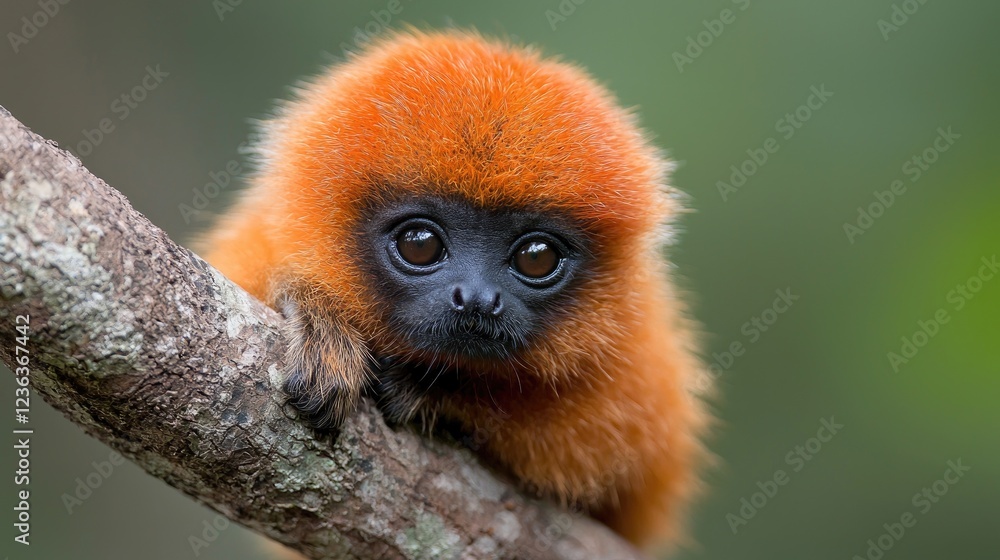 Adorable Golden Lion Tamarin clinging to a branch in lush rainforest Adorable Golden Lion Tamarin clinging to a branch in lush rainforest