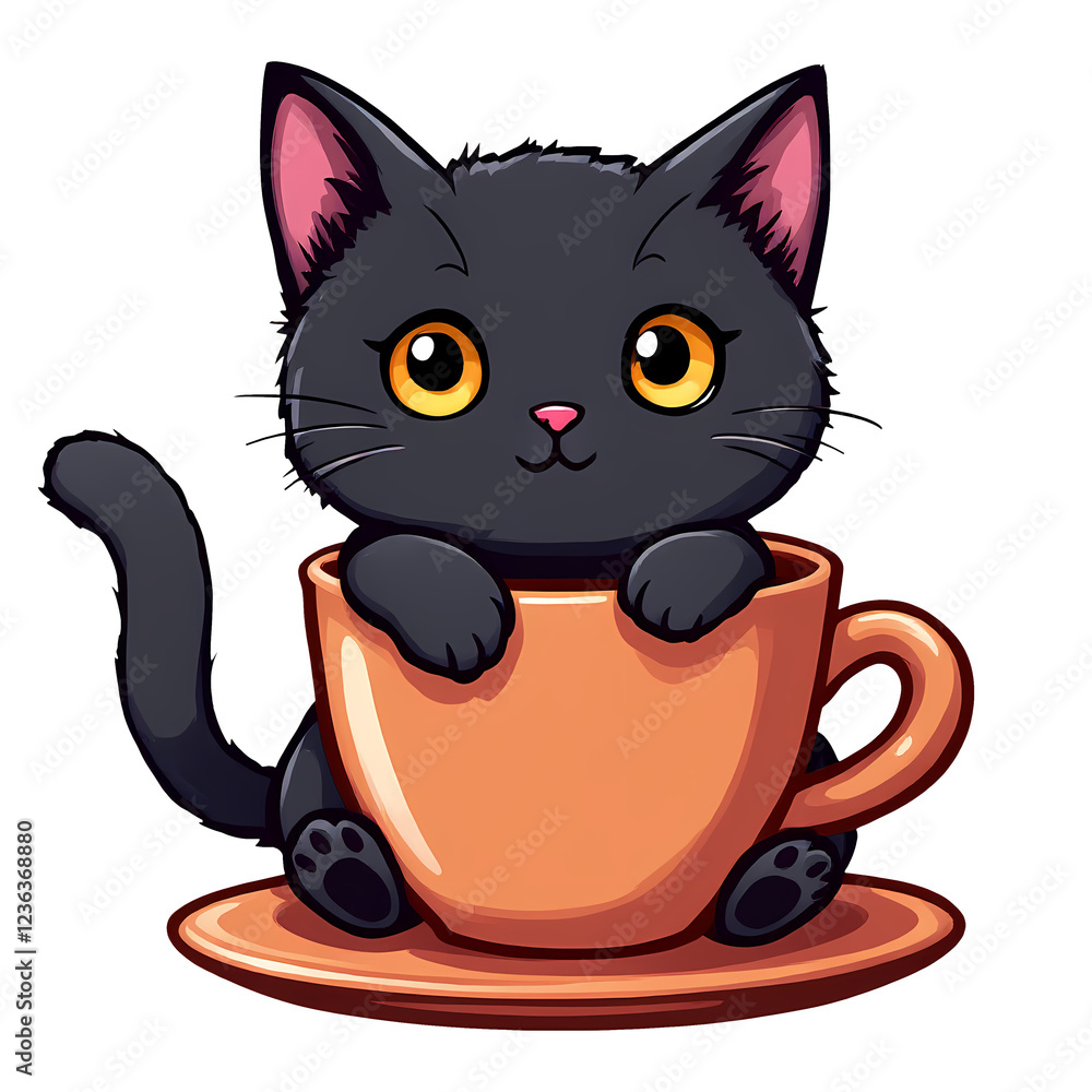 Fototapeta premium Cute Black Cat Illustration in Coffee Cup Transparent Background