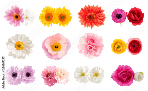 Set of assorted beautiful flowers on a white backdrop, crafted for a banner design that embodies natural elegance and charm.