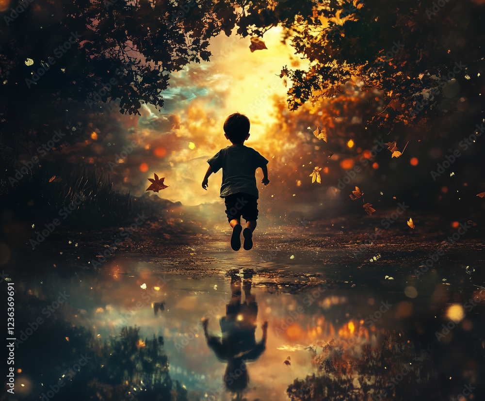 Child runs joyfully towards a glowing sunset through a forest pathway surrounded by shimmering reflections Child runs joyfully towards a glowing sunset through a forest pathway surrounded by shimmering reflections
