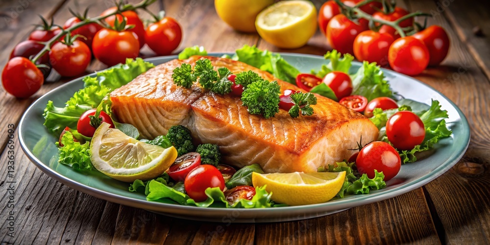 Fried Salmon with Lettuce, Lemon, and Cherry Tomatoes Fried Salmon with Lettuce, Lemon, and Cherry Tomatoes