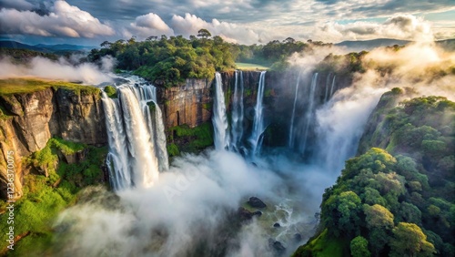 Aerial view of Kalandula Falls misty veil rising into the sky from the top of a rocky cliff , nature, kalandula falls