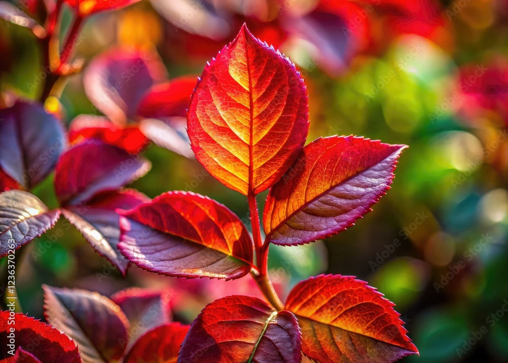 Macro close-up reveals stunning red rose leaves, vibrant color, and intricate texture in sharp detail. Macro close-up reveals stunning red rose leaves, vibrant color, and intricate texture in sharp detail.