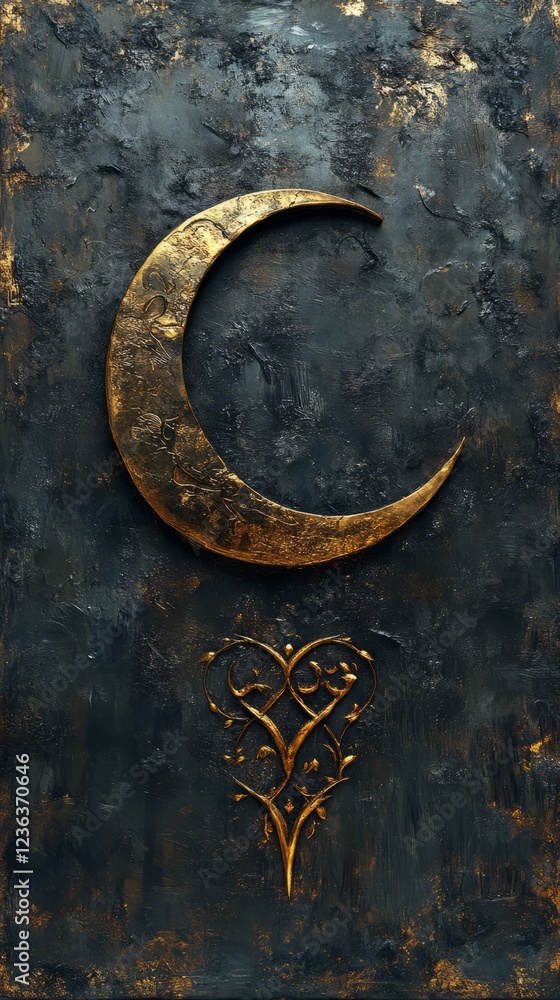 Crescent Moon And Ornate Heart On Dark Textured Background. Crescent Moon And Ornate Heart On Dark Textured Background.