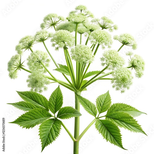 Angelica plant (Angelica archangelica) isolated on a pure white background. the large, serrated green leaves and clusters of small white flowers.
