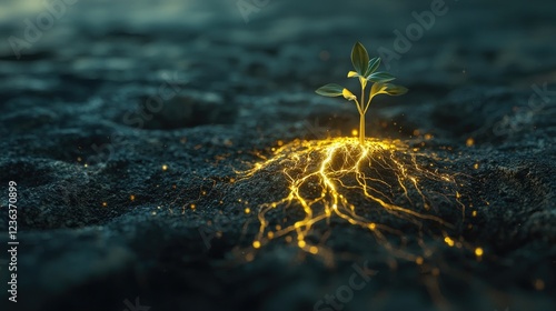 A tiny seed sprouting in the middle of a barren desert, with roots glowing deep underground. Above the surface, the plant is small and fragile,