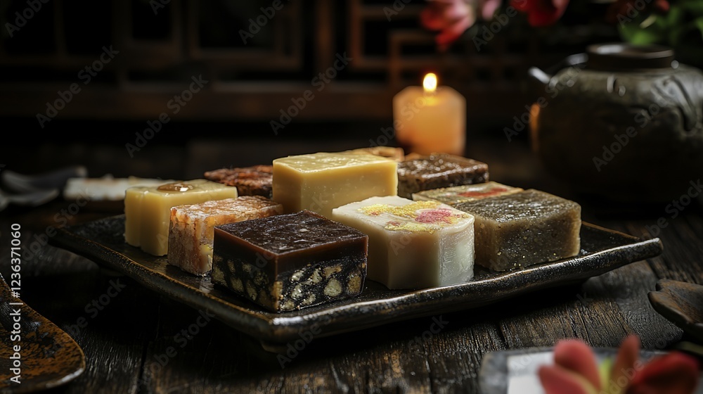 Traditional Qingming cakes elegantly arranged on a ceramic plate, embodying cultural heritage and seasonal warmth. Traditional Qingming cakes elegantly arranged on a ceramic plate, embodying cultural heritage and seasonal warmth.