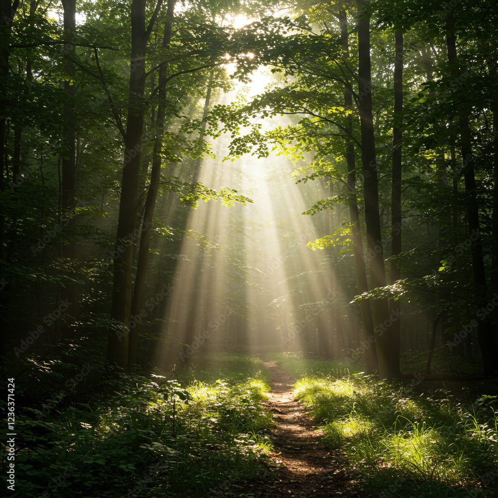 Fototapeta premium Sunbeams in Forest Path Magical Morning Hike