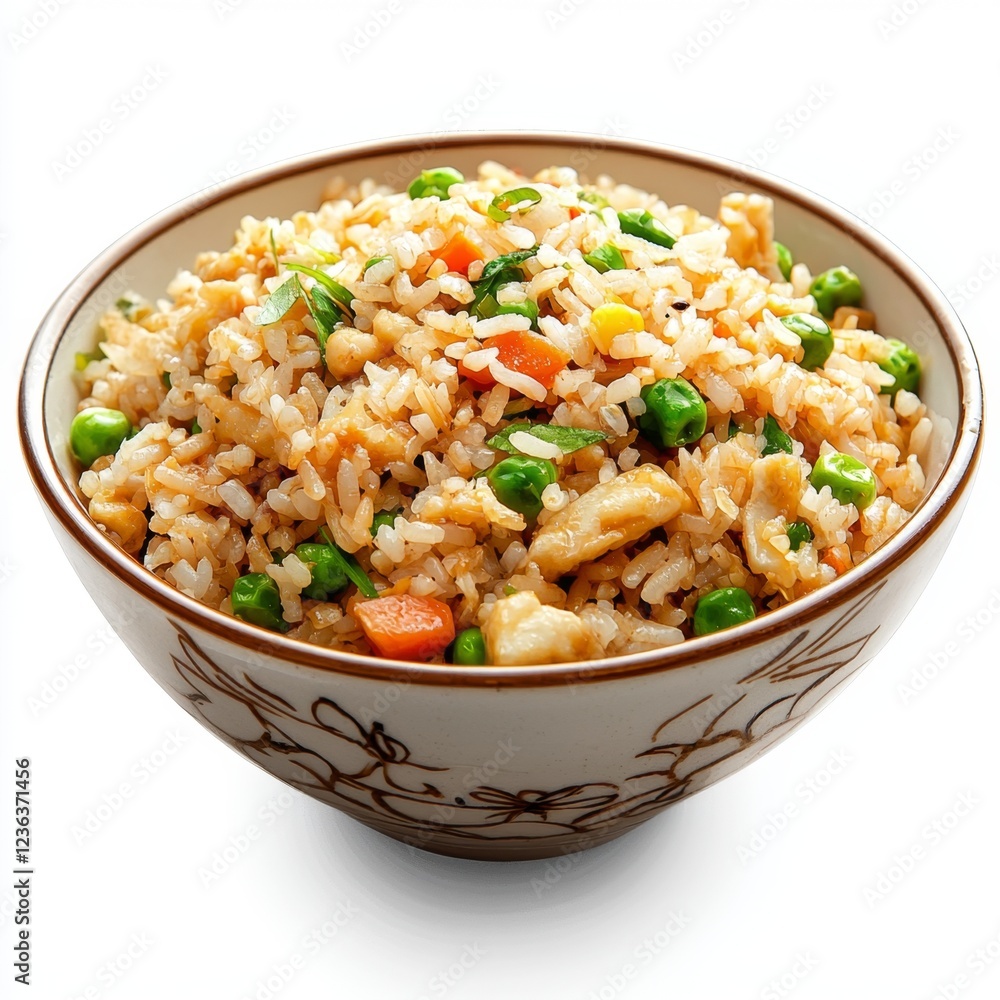 Delicious and Colorful Chicken Fried Rice in a Decorative Bowl on a White Background Delicious and Colorful Chicken Fried Rice in a Decorative Bowl on a White Background