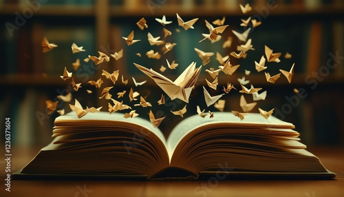 An open book with an origami bird flying out photo