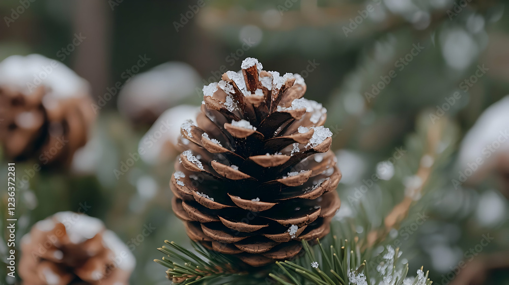 Snow-covered pine cone on branch, winter forest background, nature postcard Snow-covered pine cone on branch, winter forest background, nature postcard