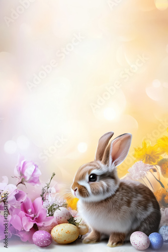 Easter bunny gazing softly with pastel-colored flowers and decorated eggs arranged around, set against a gentle textured background evoking a springtime atmosphere