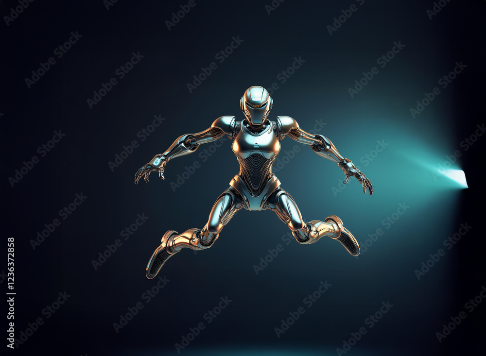 Fototapeta premium A chrome female robot leaps forward, dynamically posed against a dark blue backdrop illuminated by a teal light beam. The scene evokes a sense of futuristic action and technological advancement.