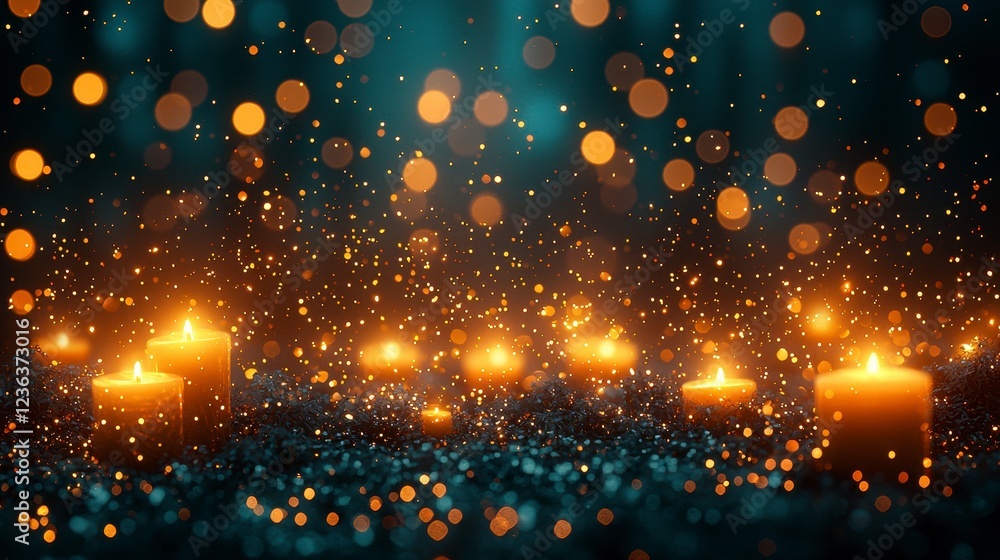 Fototapeta premium Glowing candles sparkle, dark background, festive mood, holiday card