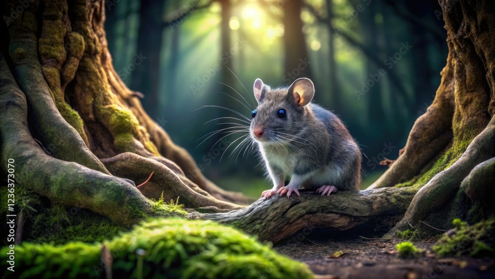 Night's embrace: a mouse and mink, frozen in time at forest roots. Long exposure captures nocturnal wildlife. Night's embrace: a mouse and mink, frozen in time at forest roots. Long exposure captures nocturnal wildlife.