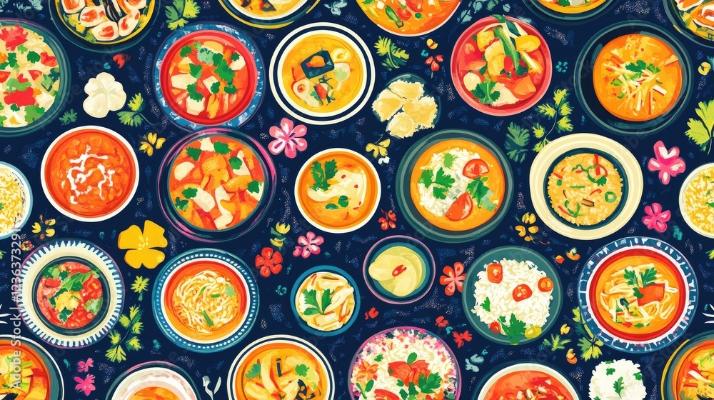 Delicious Asian soups and rice dishes overhead view, vibrant colors, floral background, perfect for food blogs and recipe websites Delicious Asian soups and rice dishes overhead view, vibrant colors, floral background, perfect for food blogs and recipe websites
