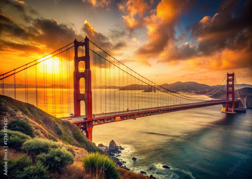 Fototapeta premium Golden Gate Bridge at Evening, San Francisco, Vintage Photography