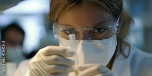 Wallpaper Mural Female scientist working in a laboratory, close-up of her hands holding a test tube with liquid and wearing protective glasses, a white coat, gloves, and a mask Torontodigital.ca