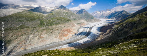 Aletschgletcher Aletsch Glacier the largest glacier in the Alps panoramic aerial view, popular hiking site, Switzerland