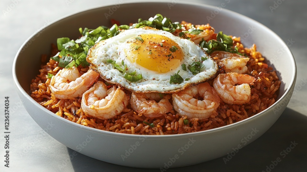 a serving of shrimp fried rice topped with sunny side up egg a serving of shrimp fried rice topped with sunny side up egg