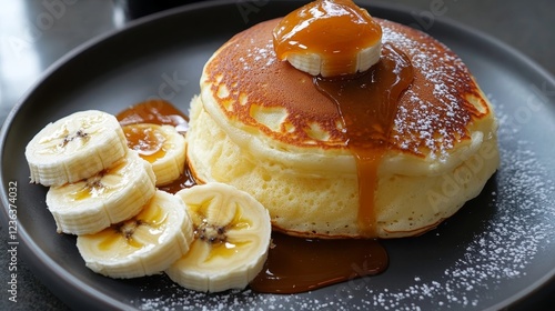 Fluffy Japanese Soufflé Pancakes served with banana slices and caramel